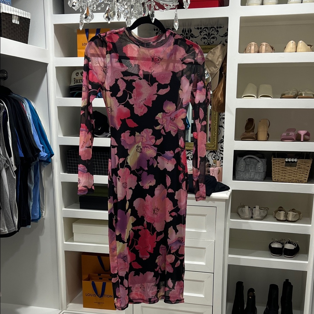 AFRM los angeles black sheer pink floral Long Sleeve midi Dress size xs